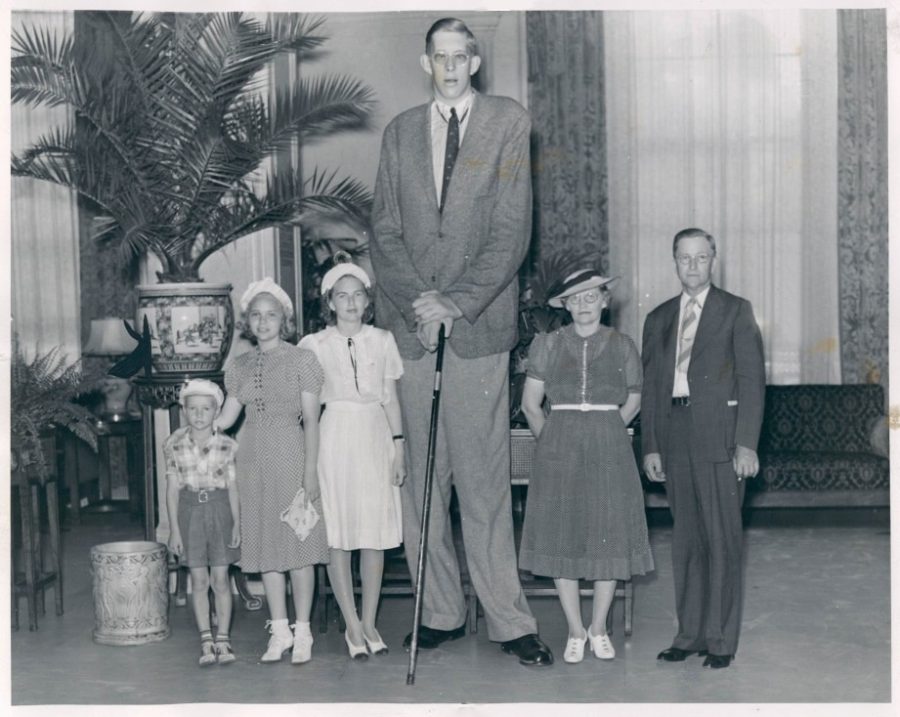 Pictured above is Robert Wadlow, the tallest man ever recorded. Hes pictured with women, children, and a man of standard sizes to show contrast. 