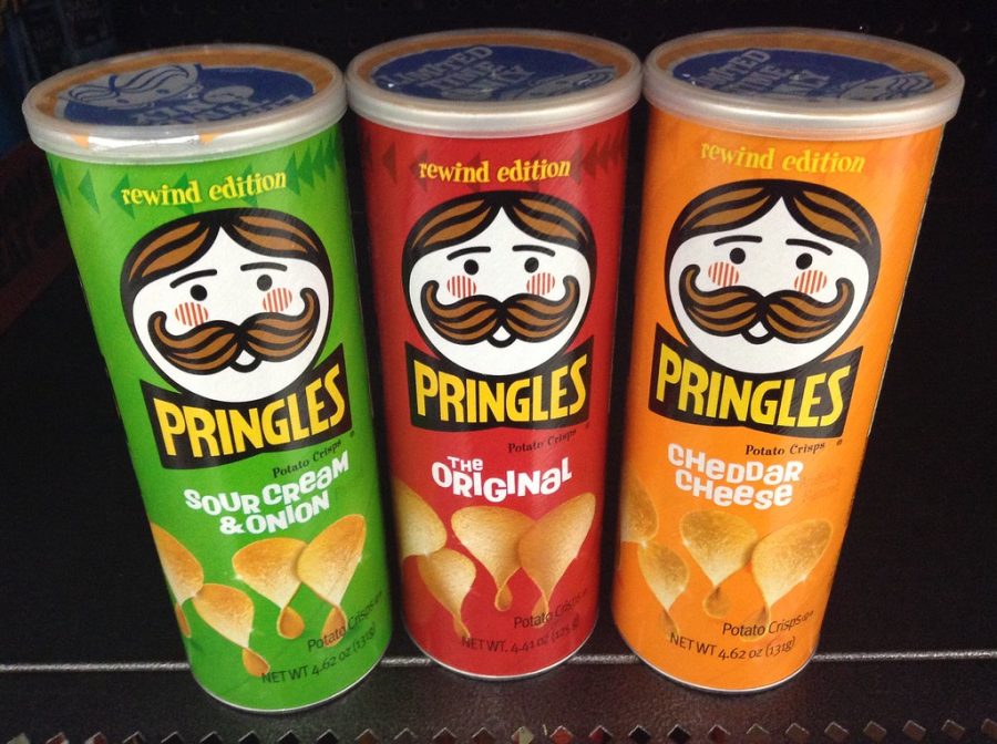 Pictured is the Pringles iconic can. Here, retro packaging of the product is showcased. 