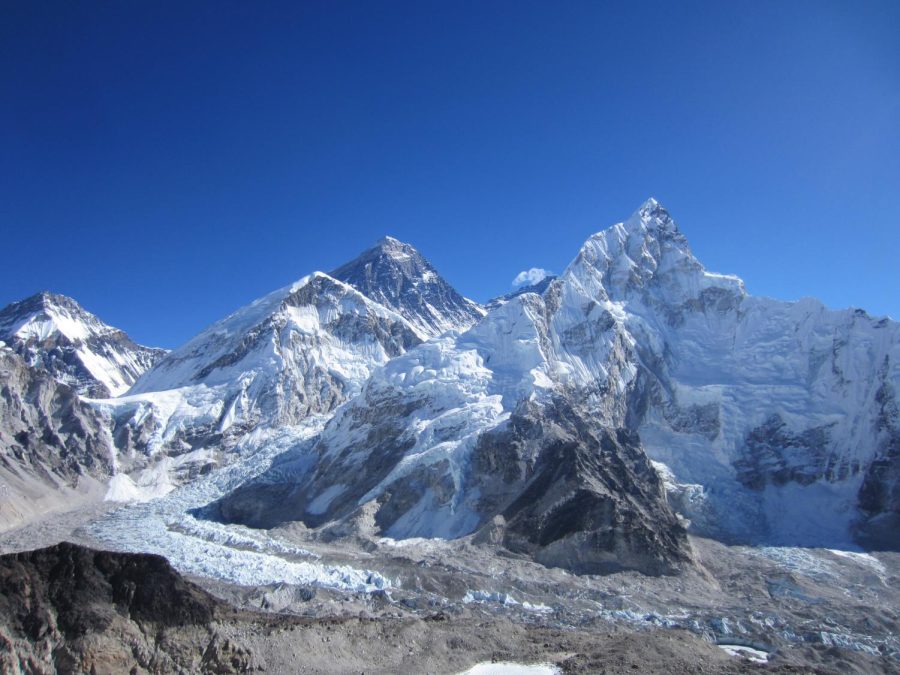 Pictured is Mount Everest, located in the Himalayan mountain range. The China-Nepal border runs across its summit point. 