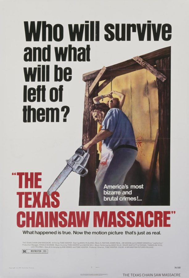 Pictured is the official movie poster for the movie Texas Chainsaw Massacre. In this film, a chainsaw is the main weapon of choice. 