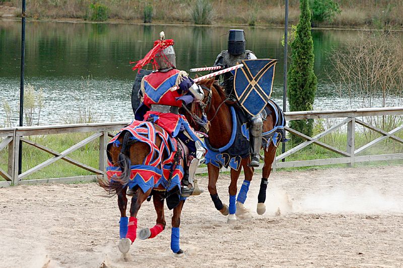 Pictured is the sport of jousting, which is most commonly associated with  medieval times. Two people on horseback attempt to knock each other off with lances. 
