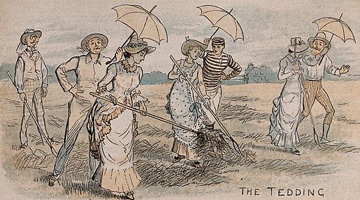Pictured are three women picking up hay as men hold parasols over them. The parasols were used to block the sun from the womens skin. 