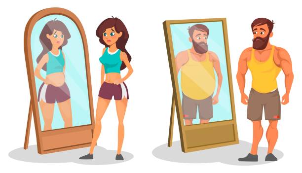 Fat and slim people with reflection in mirrors, bigorexia or muscle dysmorphia vector illustration. Different between body shapes cartoon design. Desire to lose weight. Illusion and reality concept. Isolated on white background