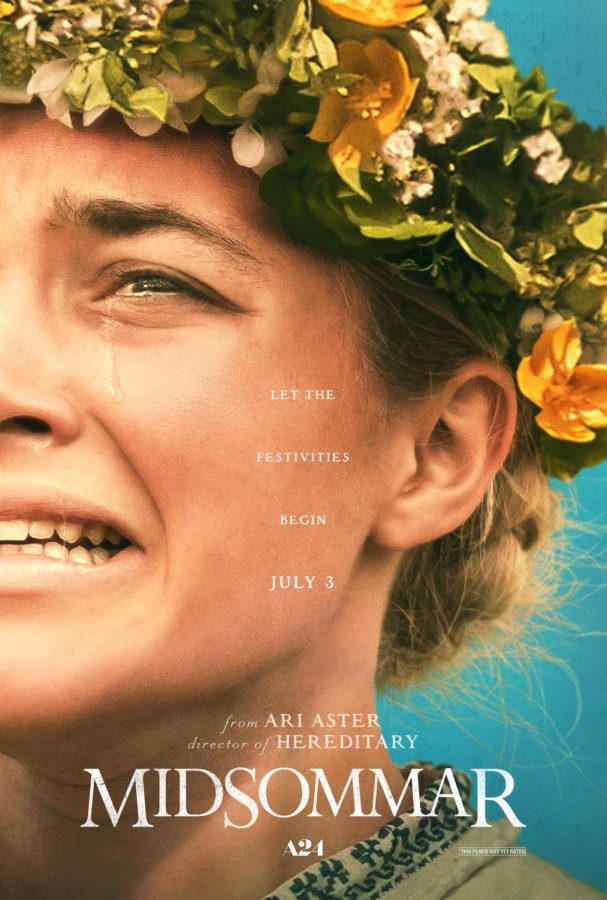 Pictured is the official movie poster for Midsommar, which was released in July of 2019. It perfectly harnesses Florence Pughs raw emotion in the film. When watching the movie, look closely for Easter Eggs in the backgrounds which foreshadow events.