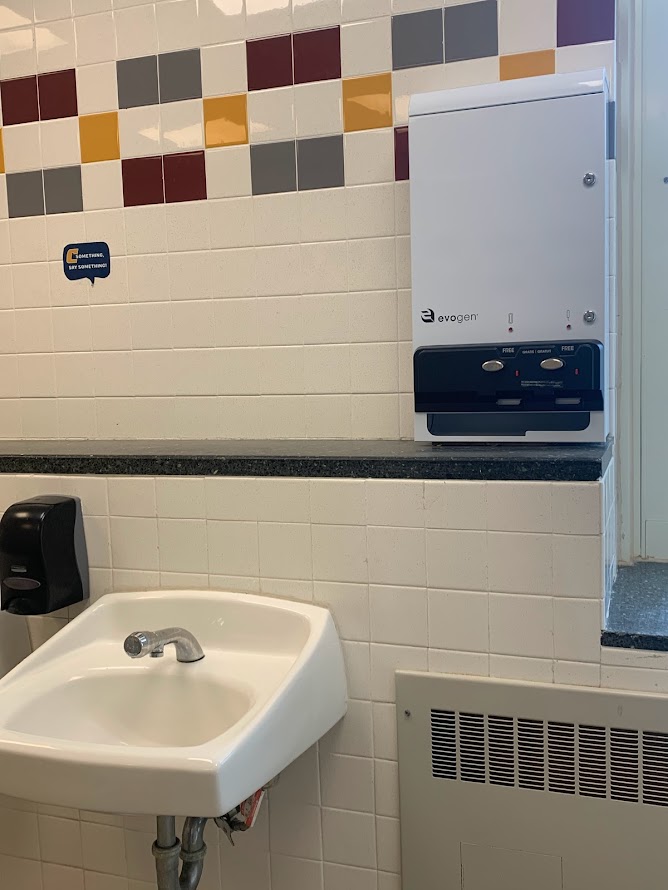 Located in the second floor English bathroom, the dispenser provides free menstrual products to teens. Because more teen girls use pads instead of tampons, their is a shortage of pads in the dispenser.  