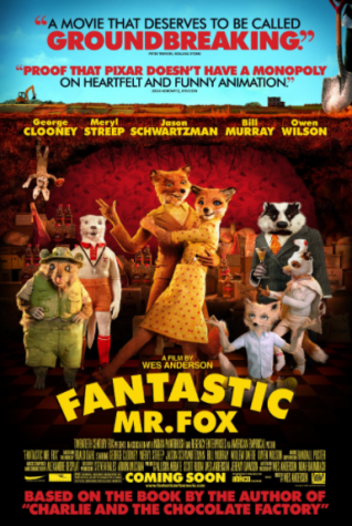 Pictured is the Fantastic Mr. Fox movie poster. It features Mr. Fox with his wife, Mrs. Fox surrounded by supporting characters.