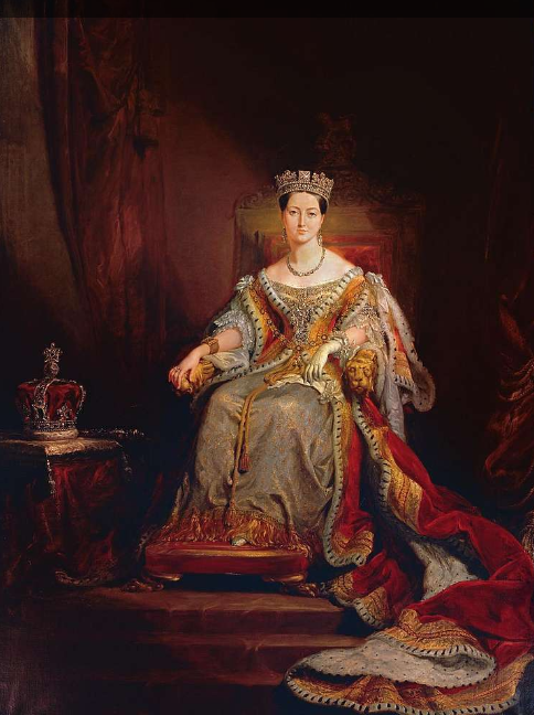 1830s portrait paintings from the united kingdom  of Queen vctoria siting on her throne.