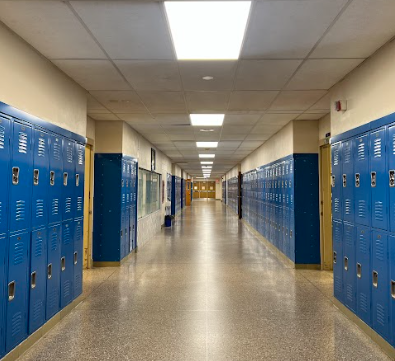 An empty hall of Colonia high school. The art wing and junior lockers.
