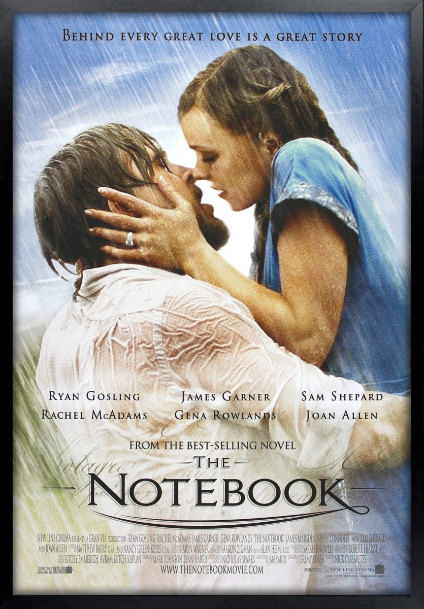 Allie and Noah embracing each other on the movie poster for the film adaptation of The Notebook
