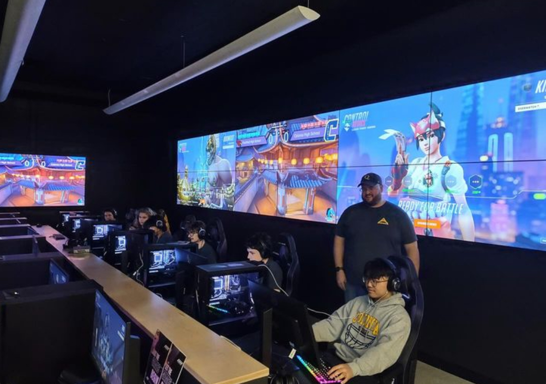 Getting ready to play, the ESports team gets ready to play Overwatch. The varsity team got to play a match at Old Bridge in their arena