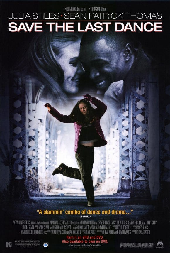 Julia Stiles and Sean Thomas Patrick star in Save the Last Dance. A film with two teenagers falling in love and bonding over their love for dance culture. 