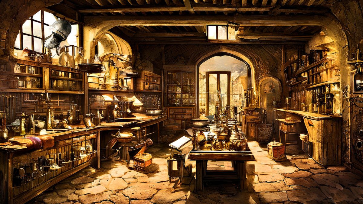 An Alchemist Workshop by AI-Postcards.