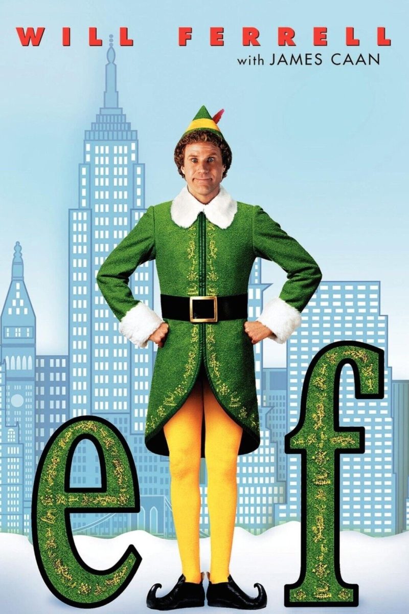 This is the movie cover for the Elf movie. Buddy is standing in between two letters acting as the letter "L" and he seems happy.