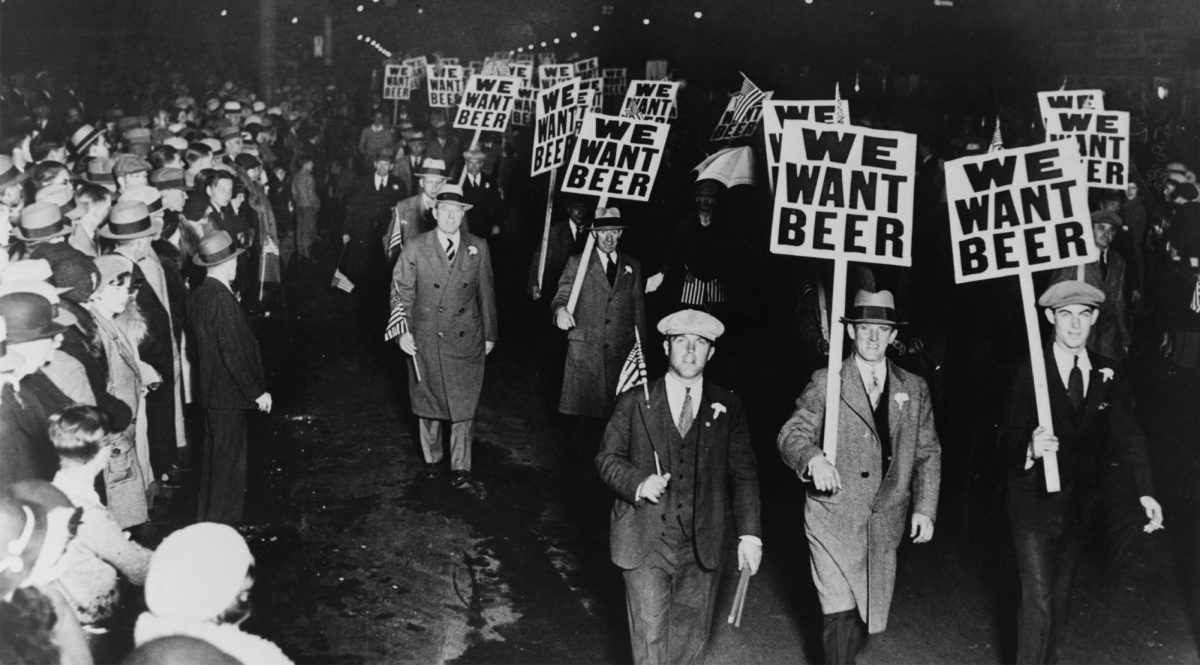 Protests emerge after the 18th amendment has been added banning the use and production of alcohol in the United States. 