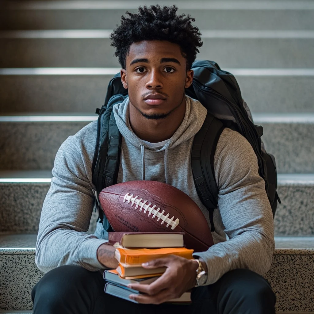 In the quiet solitude of a stairwell, a young student athlete embodies the dual pursuit of academic and athletic excellence. Clutching a stack of textbooks in one arm and a football in the other, his determined gaze reflects a commitment to succeed in both realms. Wearing a backpack and a casual hoodie, he represents the blend of discipline and resilience required to balance sports and studies effectively.