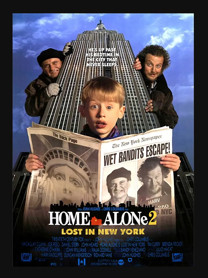 A movie poster from the movie Home Alone 2: Lost in New York (1992), shows Kevin McCallister surprised while reading a newspaper while criminals Marv an Harry peak out from a New York City skyline building.