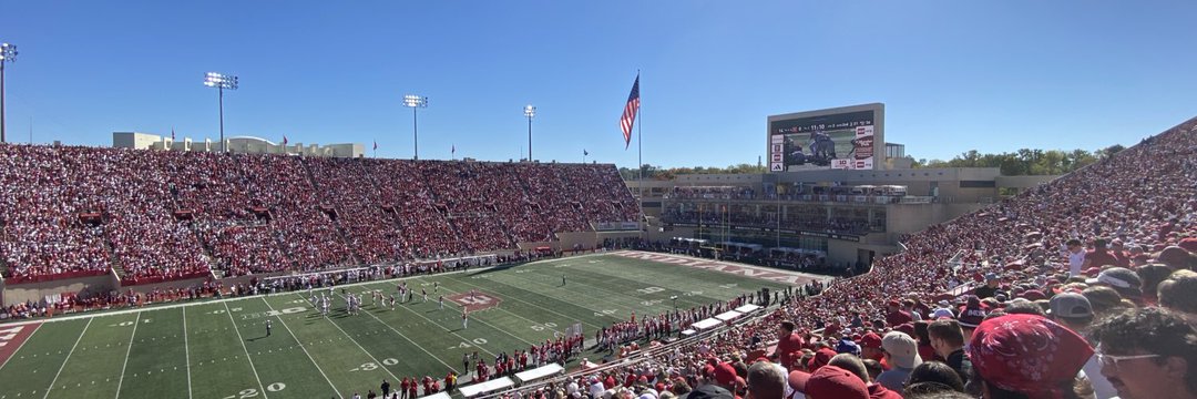 A view from Memorial Stadium at Indiana University to see the undefeated Indiana Hoosiers play the Nebraska Corn huskers that lost 56-7. Indiana prepares to play a down against Nebraska's offense.