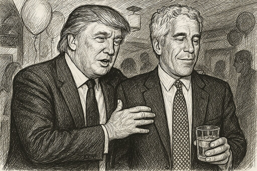 Portrait of American financier Jeffrey Epstein (left) and real estate developer Donald Trump as they pose together at the Mar-a-Lago estate, Palm Beach, Florida, 1997. 

phot via Mike Goad via Flickr under Creative Commons